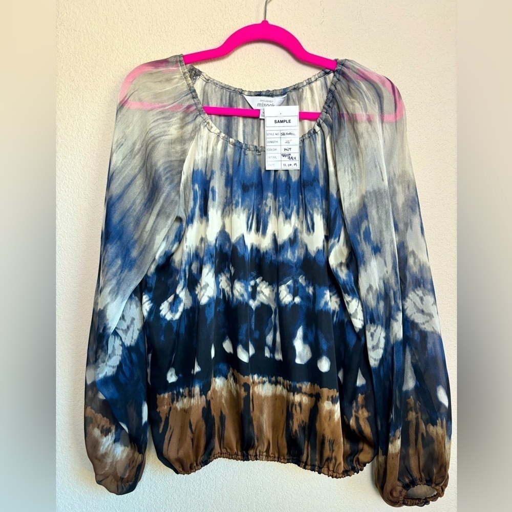 NWT Exclusively Misook Chiffon Boho Tie Dye Balloon Sleeve SAMPLE Blouse XS